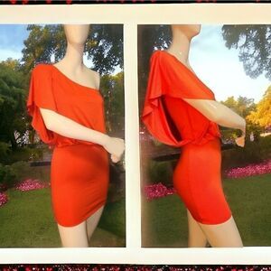 F21 Neon Orange One Shoulder Drape Forever 21 Stretch Bodycon Mini Dress Small